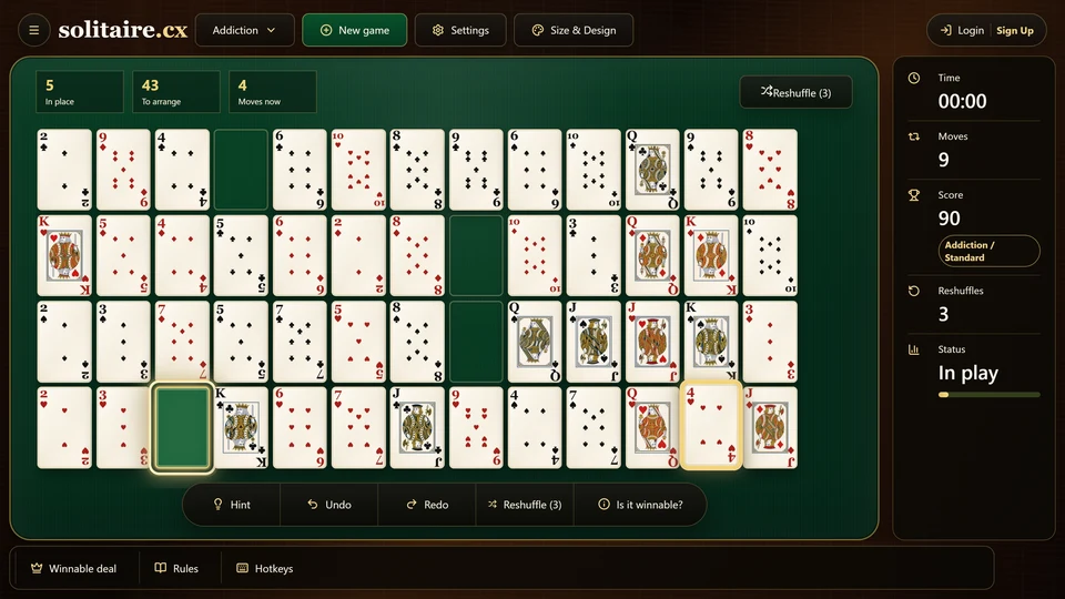 Addiction Solitaire after several moves with a highlighted legal gap and the selected same-suit successor elsewhere in the grid.