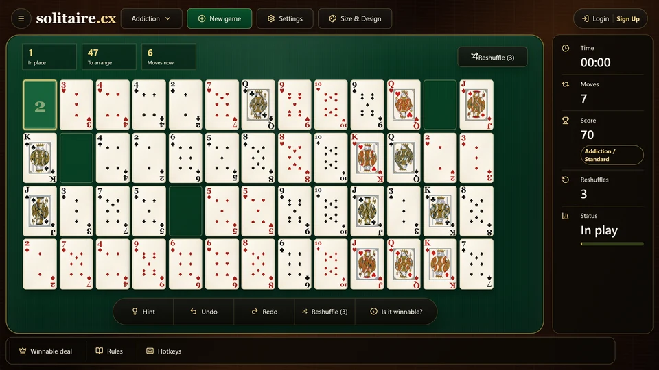 An Addiction Solitaire row with an unusable gap immediately after a King.