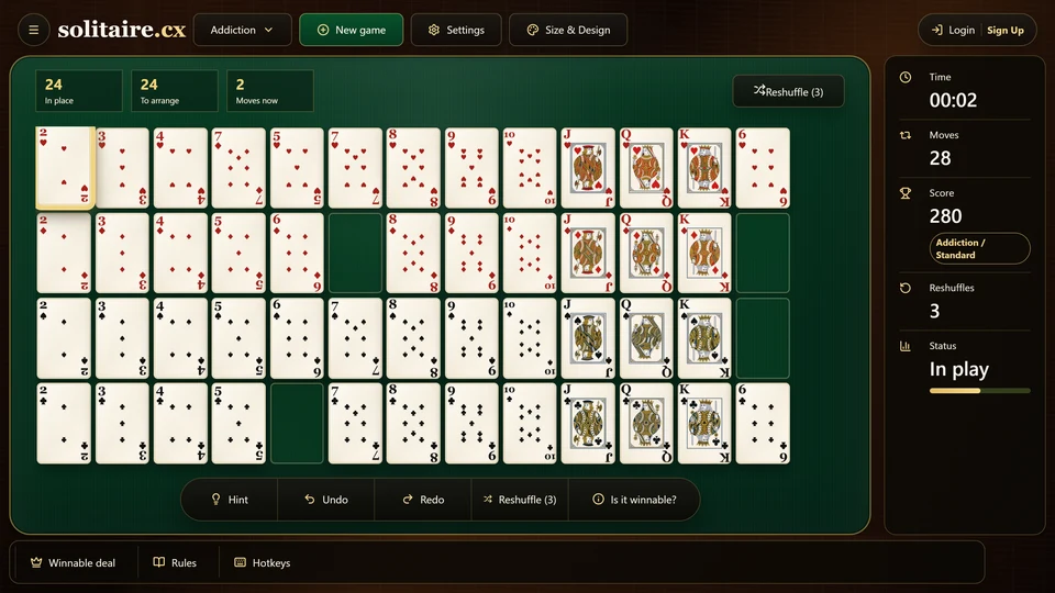 A late Addiction Solitaire table with 3 long same-suit rows and only a few cards left to place.