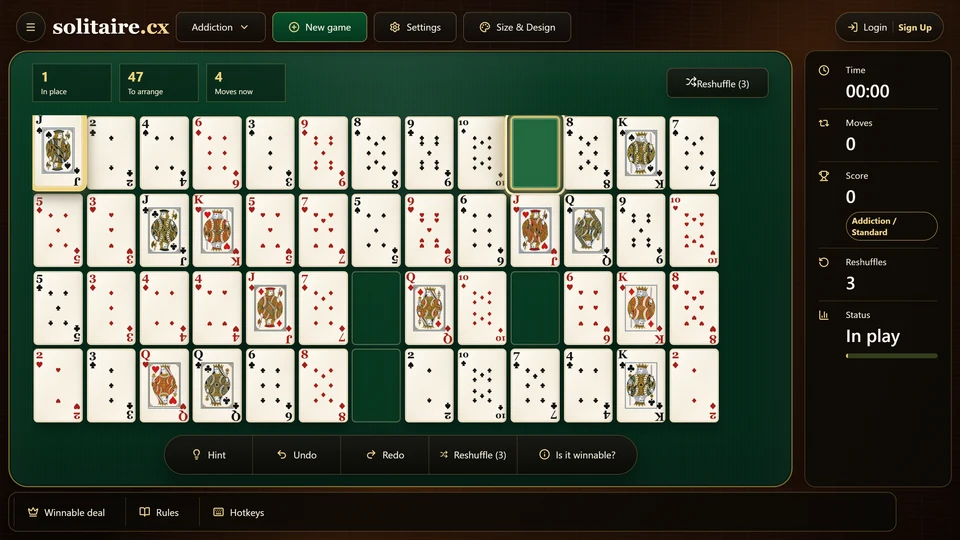 A fresh Addiction Solitaire layout with 48 face-up cards arranged in 4 rows and 4 gaps left by the removed Aces.