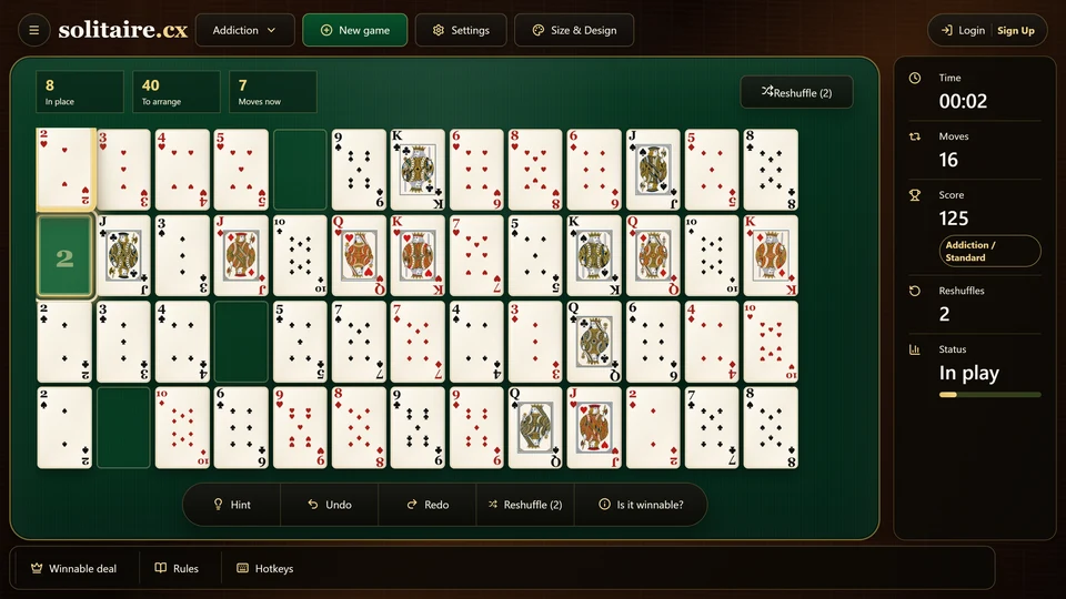 An Addiction Solitaire table after a reshuffle with fixed row prefixes preserved and unfinished cards redealt.
