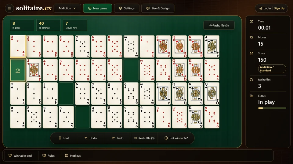 An Addiction Solitaire table before a reshuffle with several same-suit prefixes fixed at the left of their rows.