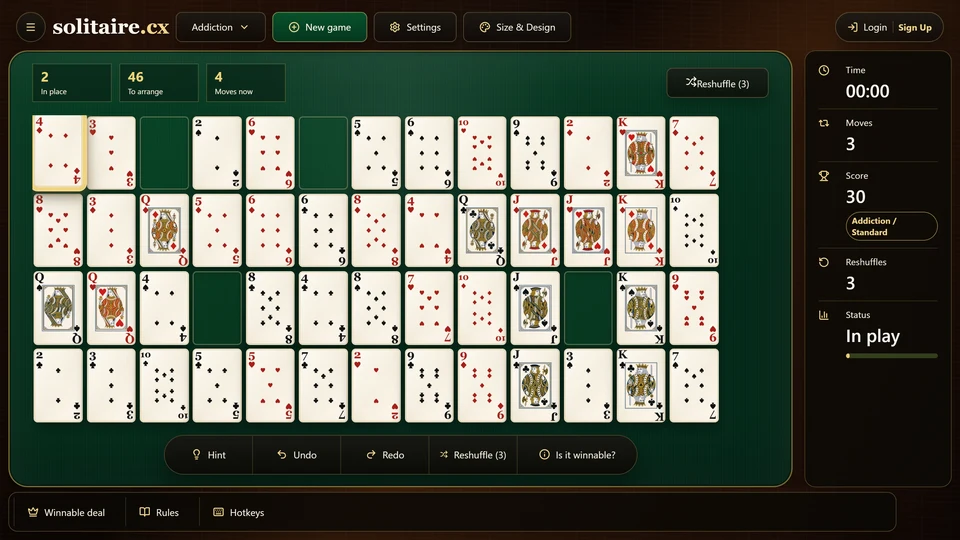 An Addiction Solitaire table with a 2 moved into the first position of an open row.