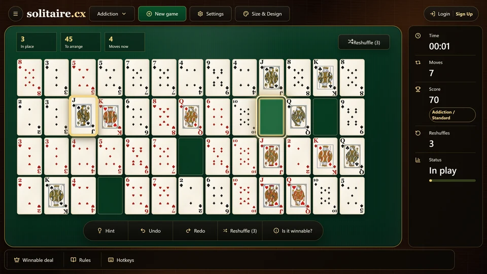 An Addiction Solitaire position with a same-suit successor selected and its legal gap highlighted.