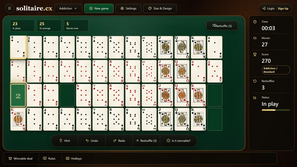 Late Addiction Solitaire table with long same-suit rows, only a few misplaced cards and 1 gap at the end of each completed line.