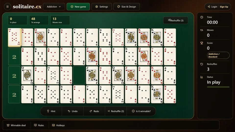 Addiction Solitaire opening table with 48 face-up cards in 4 rows and 4 gaps left by the removed Aces.