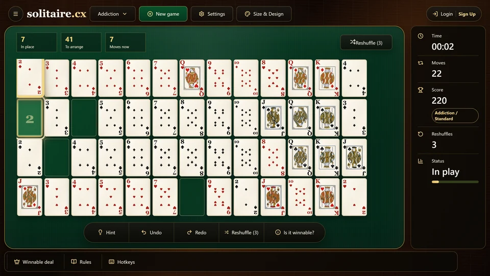 Addiction Solitaire midgame with a same-suit row correctly arranged from 2 across several ranks and protected from reshuffling.