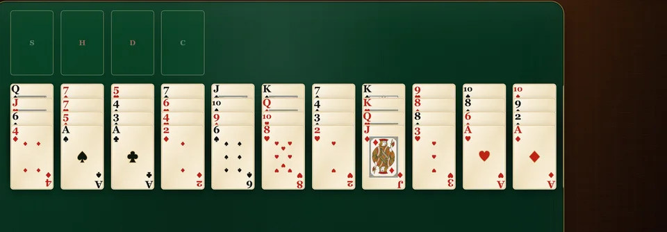 A Baker's Dozen Solitaire deal with 13 short columns of 4 face up cards each and 4 empty foundations to the side.