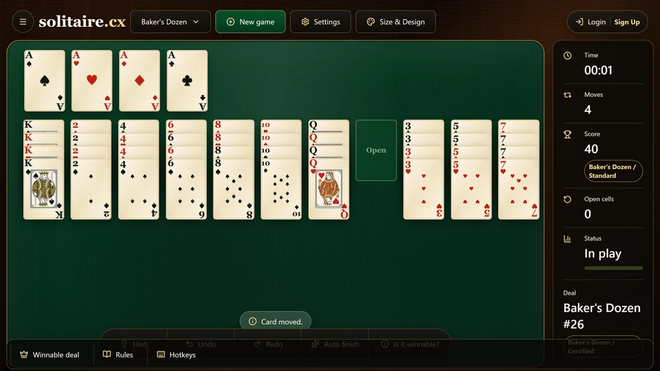 Baker's Dozen Solitaire showing a cleared tableau column that cannot be refilled.