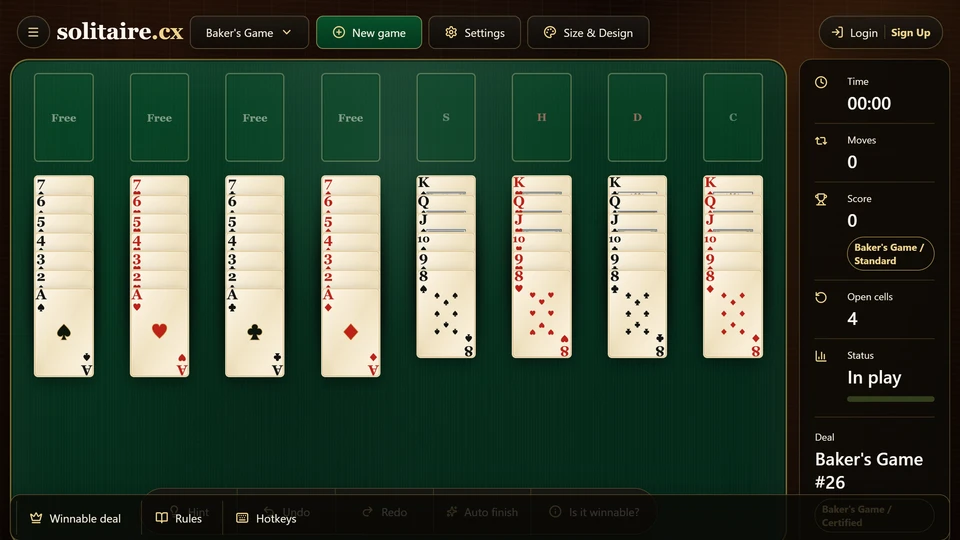 Baker's Game Solitaire board with 4 free cells, 4 foundations and 8 open tableau columns.