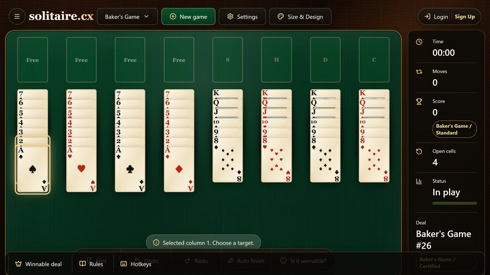 Baker's Game same-suit tableau lane selected to show a legal descending suit sequence.
