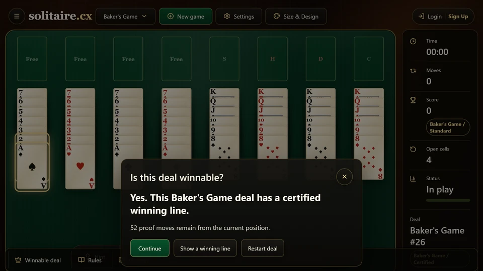 Baker's Game Check Winnable panel showing a certified engine replay for the current deal.