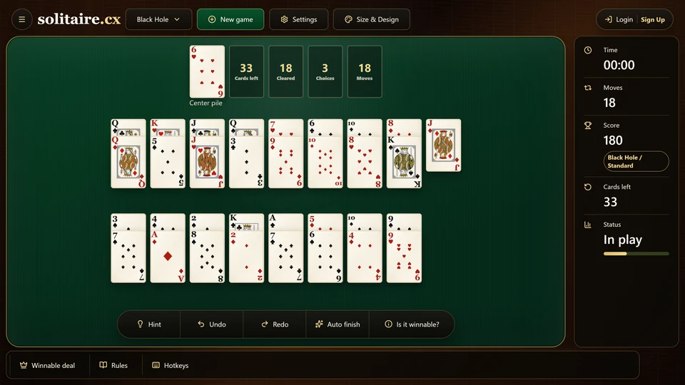 A Black Hole Solitaire midgame with 3 legal choices and different cards waiting behind the exposed fan ends.