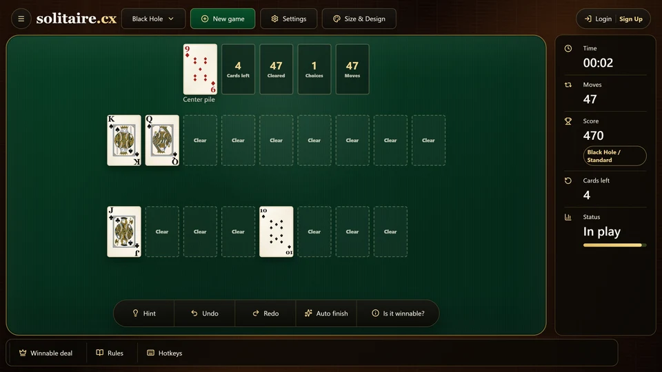 A Black Hole Solitaire endgame with 4 cards left in a few fans and the center pile ready for the final route.