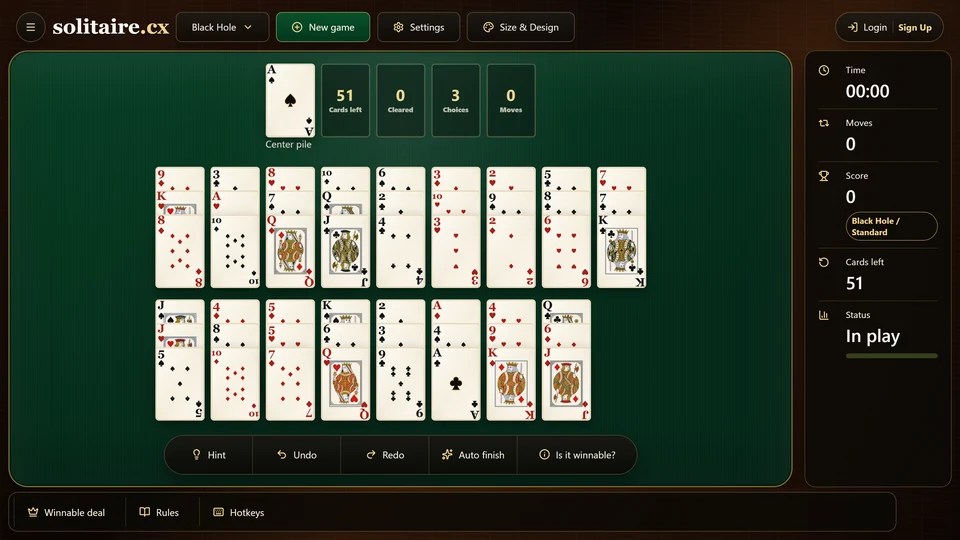 A fresh Black Hole Solitaire deal with the Ace of Spades in the center and 17 face-up fans of 3 cards.