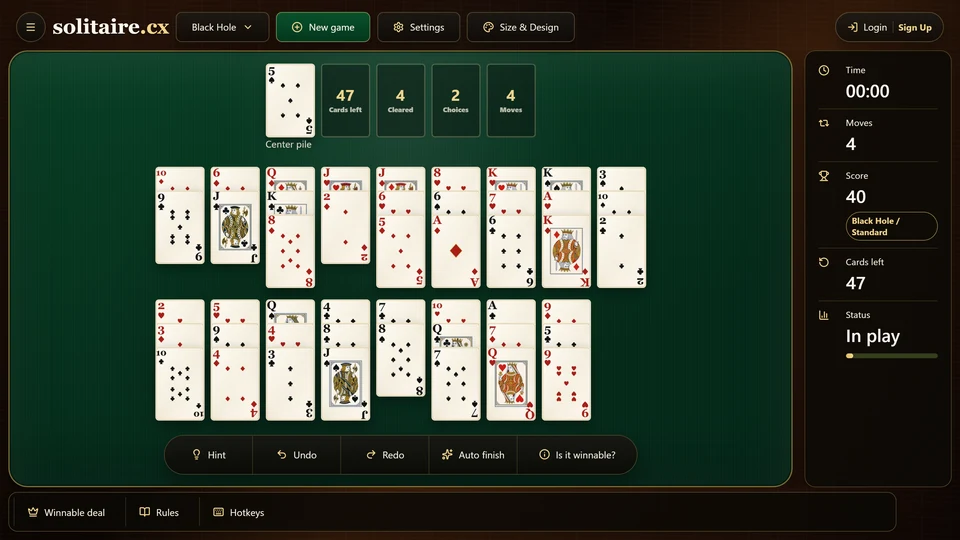 Black Hole Solitaire after 4 legal moves with the current center rank and several exposed fan cards visible.