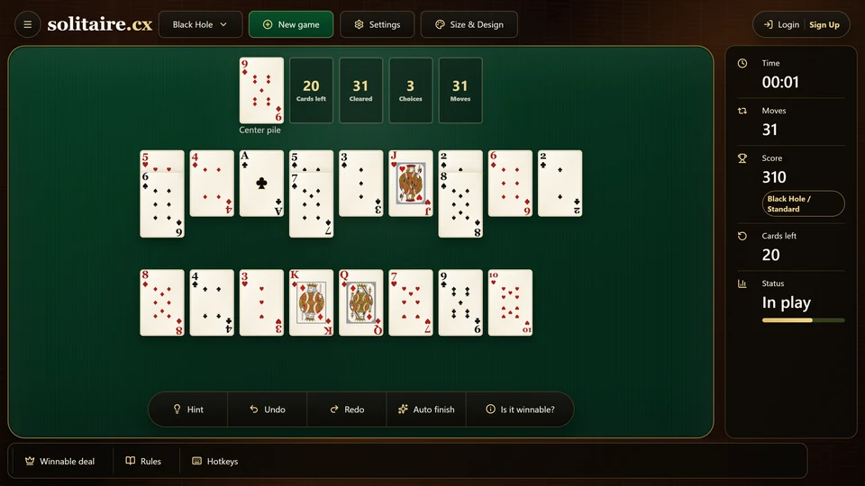 Black Hole Solitaire after 31 moves with full, shortened and empty fans surrounding the center pile.