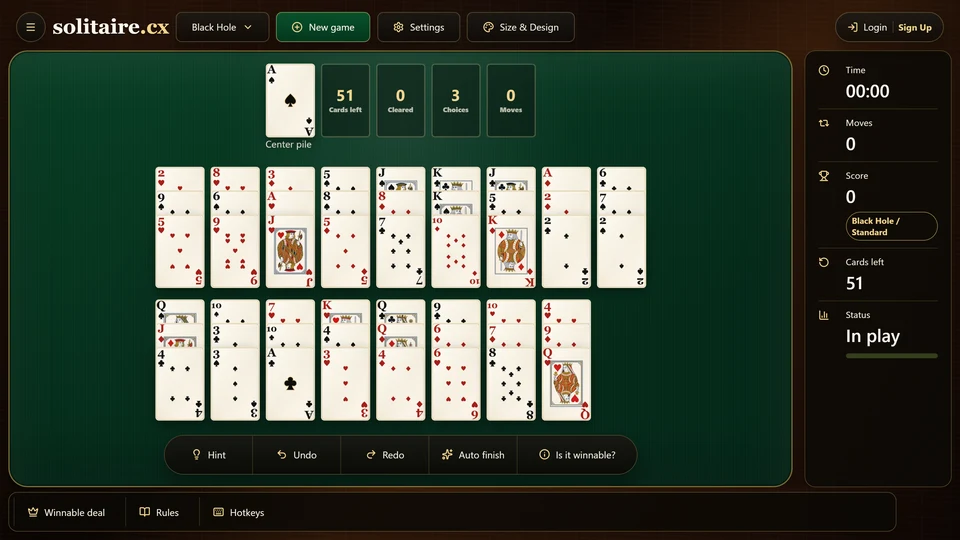 Black Hole Solitaire opening table with the Ace of Spades in the center and 17 face-up fans of 3 cards.
