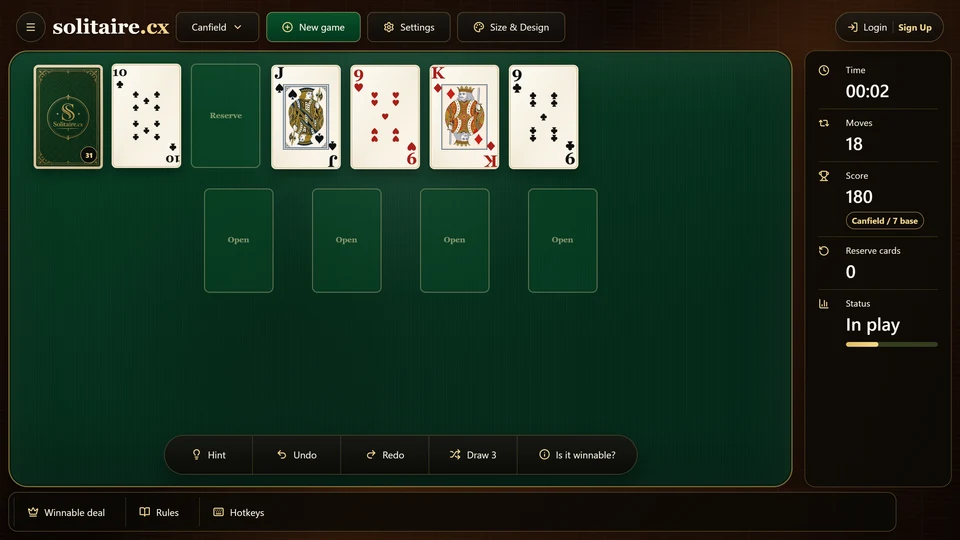 A Canfield game after a Draw 3 action with a face-up waste card beside the remaining stock.