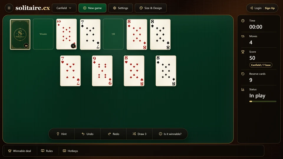 A Canfield table with matching base-rank cards placed on several foundations.