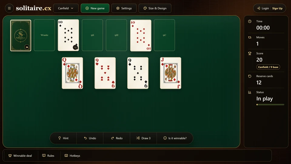A Canfield tableau immediately after the reserve has supplied a card to an emptied column.