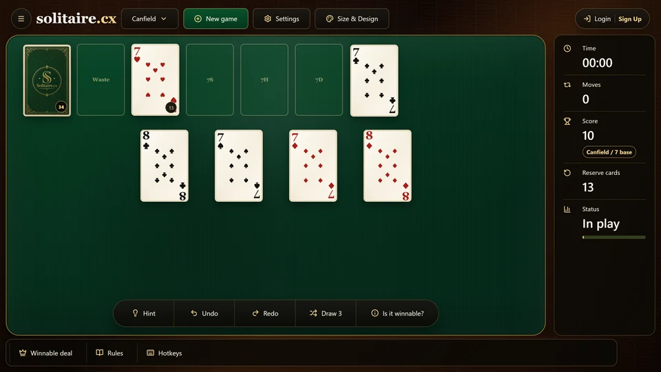 A fresh Canfield Solitaire deal showing the stock, empty waste, 13-card reserve, 4 foundations and 4 tableau columns.
