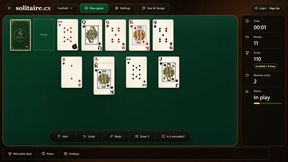 A Canfield tableau with alternating-color descending groups and a King placed below an Ace.