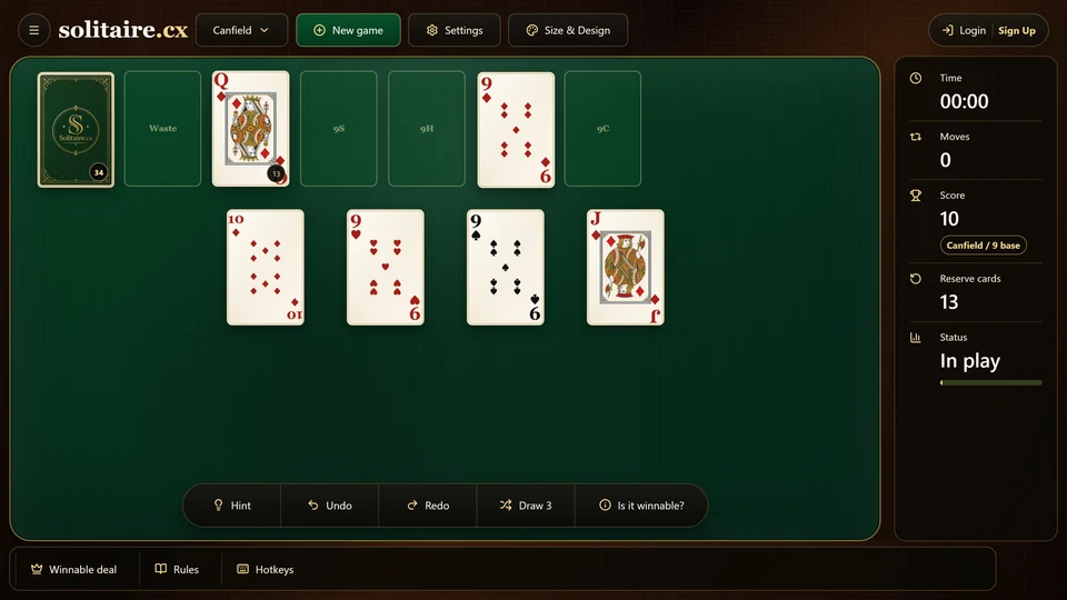 Canfield Solitaire opening table with 4 tableau columns, a 13-card reserve, stock, waste and 4 foundations showing the deal's base rank.