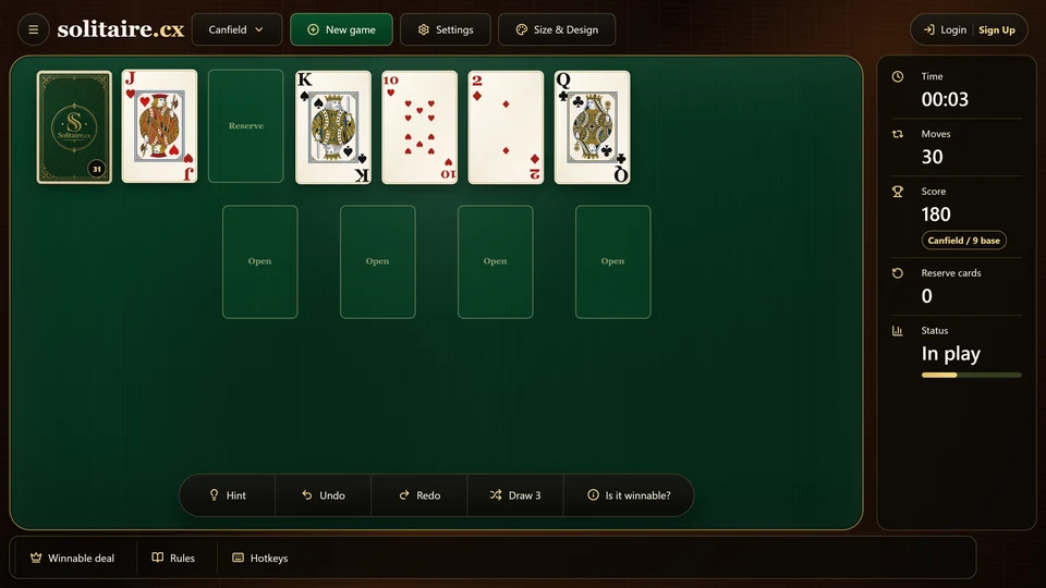 Canfield Solitaire later in a deal after a stock redeal, with a visible waste card, an empty reserve and foundations built around the rank cycle.