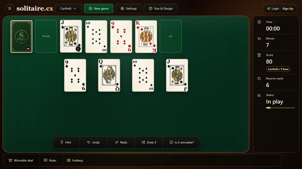 Canfield Solitaire in progress with 6 reserve cards left and several cards already moved to the foundations.
