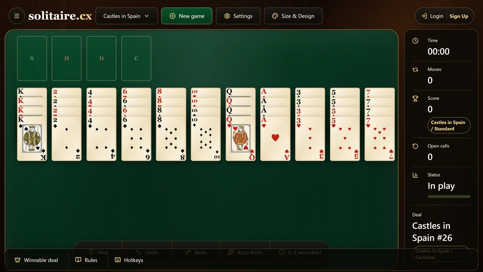 A Castles in Spain deal with 13 columns and alternating-color tableau building across the exposed cards.
