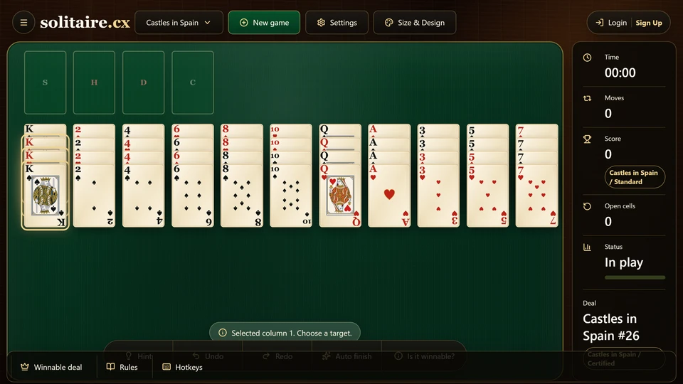 Castles in Spain Solitaire showing an alternating-color tableau build decision.
