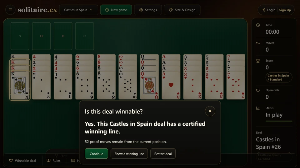 Castles in Spain Check moves panel showing a certified winning line for the current deal.