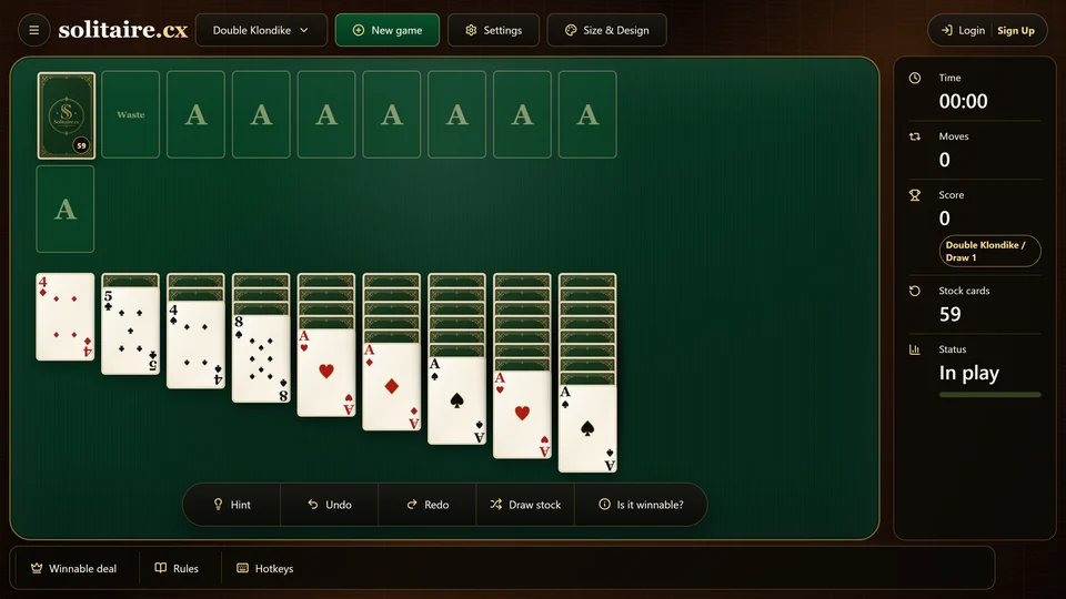 Double Klondike Solitaire opening board with 9 tableau columns, a 59-card stock and 8 empty foundations.