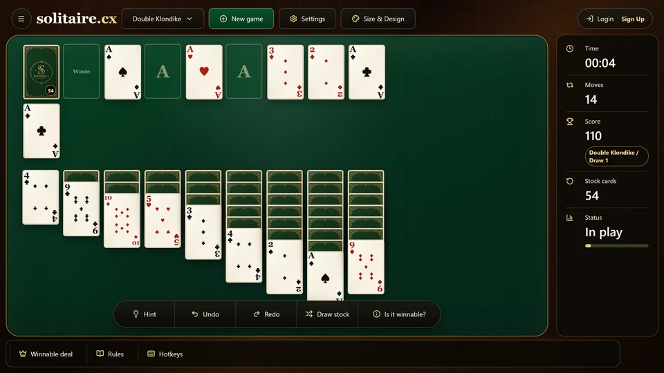 A Double Klondike table offering 2 copies of the same rank and suit from different sources.