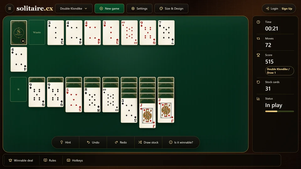 A Double Klondike game with an empty tableau column and a King-led sequence ready to enter it.
