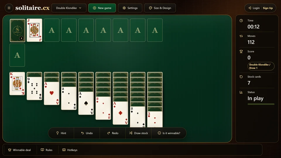 A Double Klondike final stock pass with 7 stock cards left and the Jack of diamonds exposed on the waste.