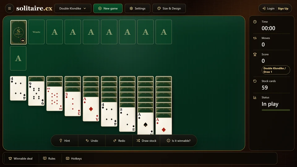 A fresh Double Klondike deal showing 9 tableau columns, a 59-card stock, empty waste and 8 foundations.