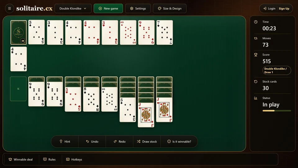 A Double Klondike position during the 1st stock pass with a face-up waste card and stock cards remaining.