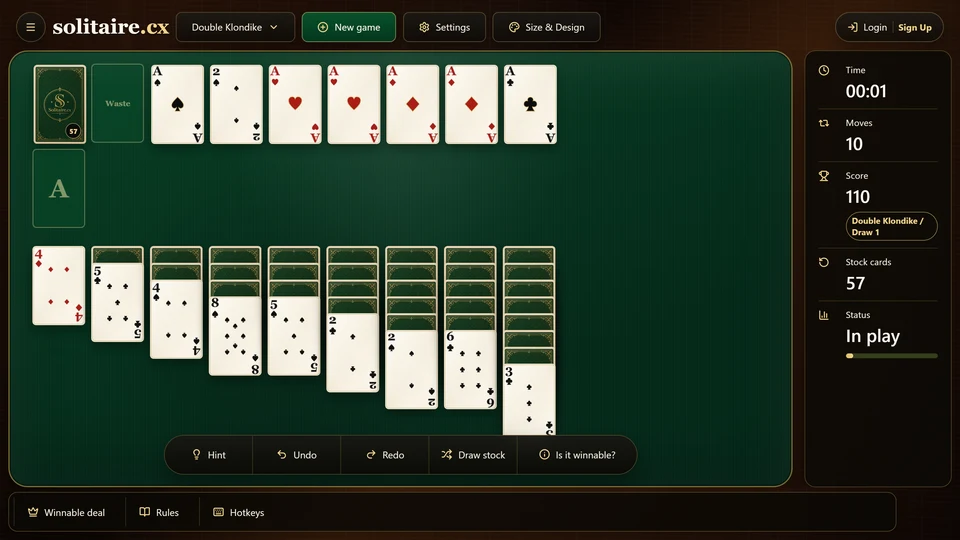A Double Klondike midgame with a face-up waste card, a partly used stock and progress on several foundations.