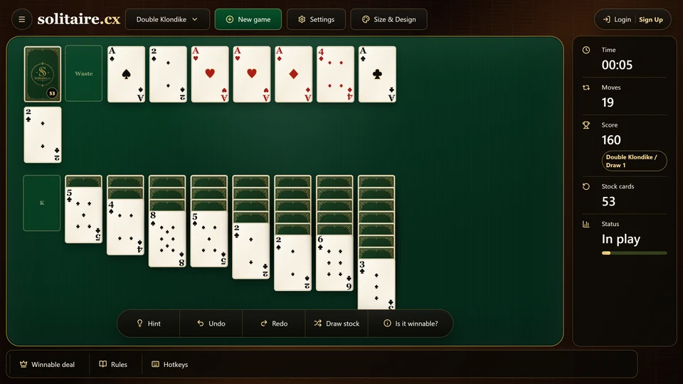A Double Klondike position with an open column and several alternating-color runs available to move.