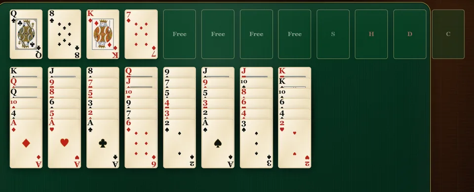 An Eight Off Solitaire deal with 8 tableau columns, 8 cells across the top with 4 already holding a card, and 4 empty foundations.