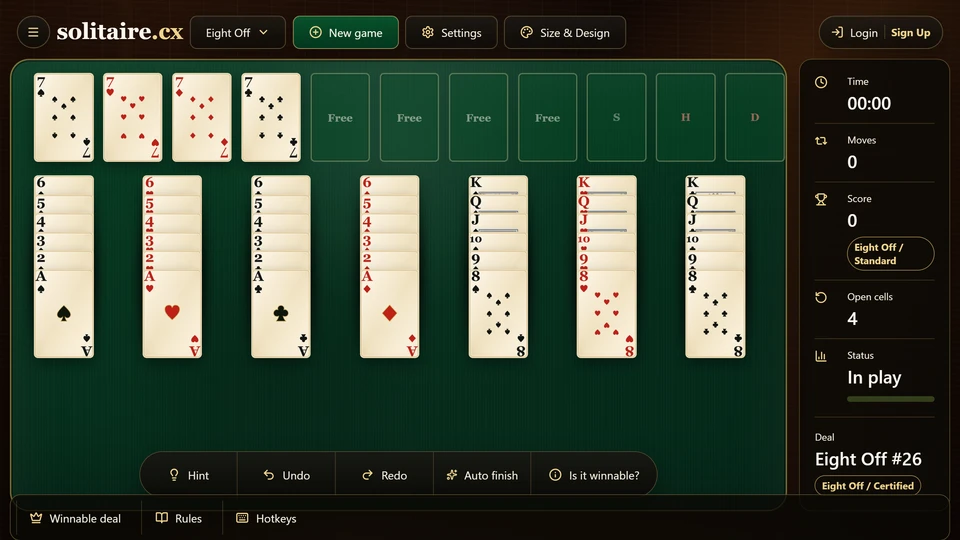 Eight Off Solitaire board with 8 tableau columns, 8 reserve cells and 4 foundations.