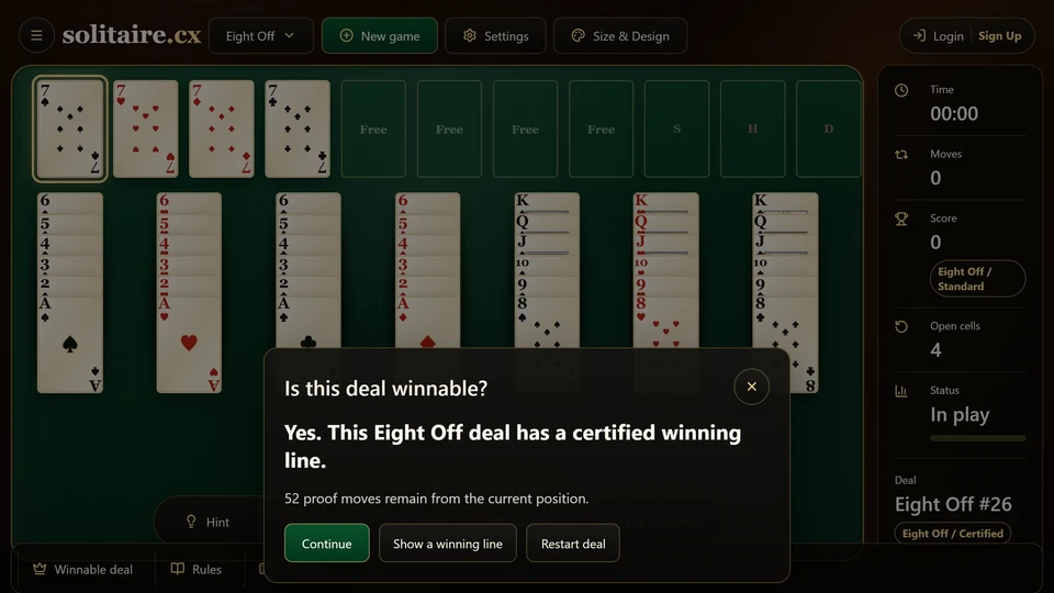 Eight Off Check moves panel showing a certified winning line for the current deal.