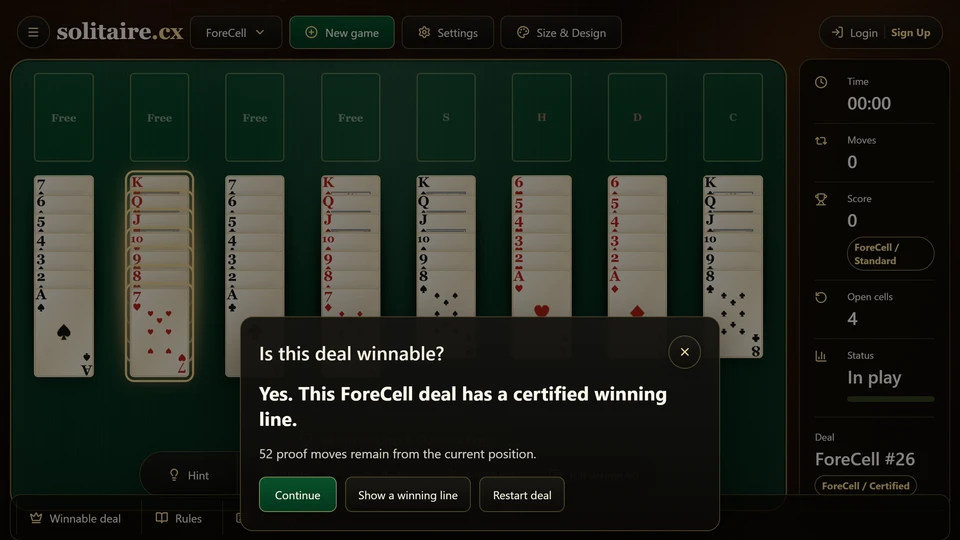 ForeCell Check moves panel showing a certified winning line for the current deal.