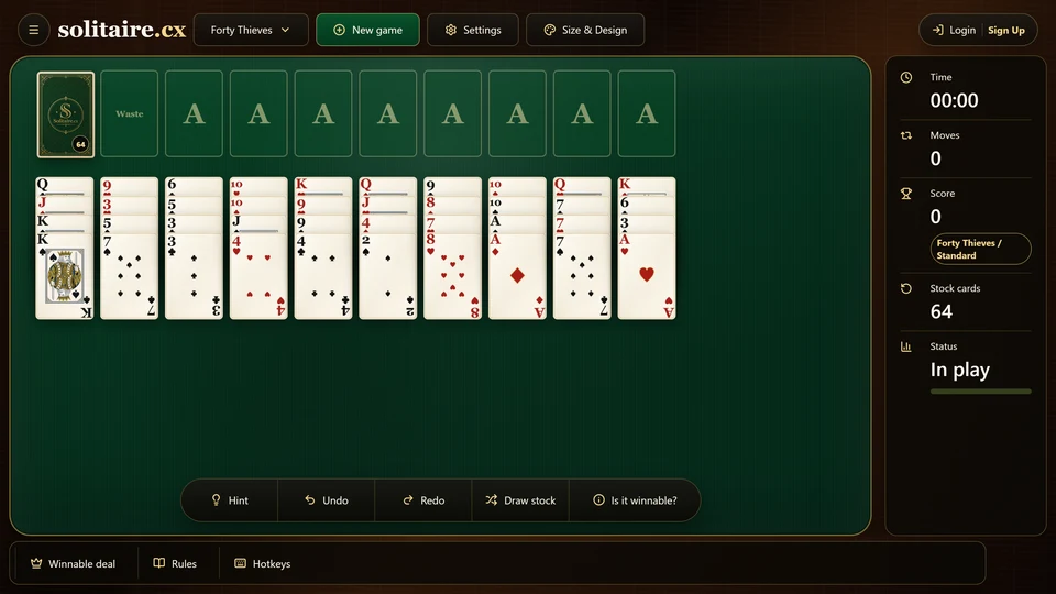 Forty Thieves Solitaire opening board with 10 face-up tableau columns, a 64-card stock and 8 empty foundations.