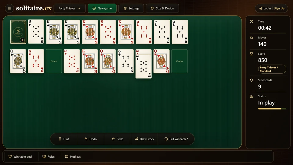 An advanced Forty Thieves Solitaire deal with all 8 foundation piles active at different ranks.