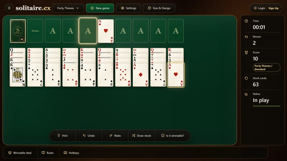 A Forty Thieves Solitaire card selected at the end of a tableau column with its single legal destination highlighted.