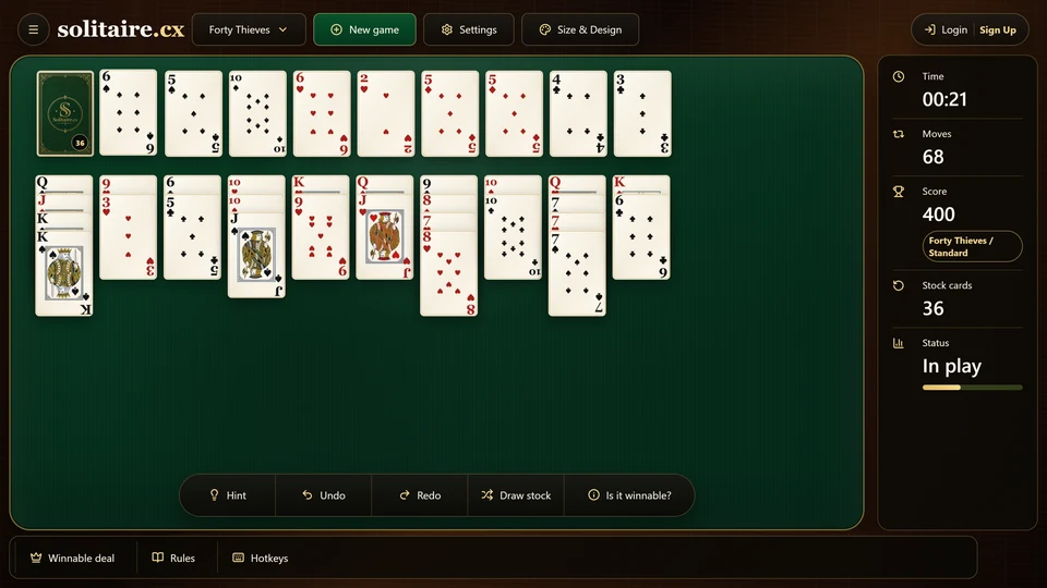 Forty Thieves Solitaire during the stock pass with a waste card exposed and a reduced stock count.