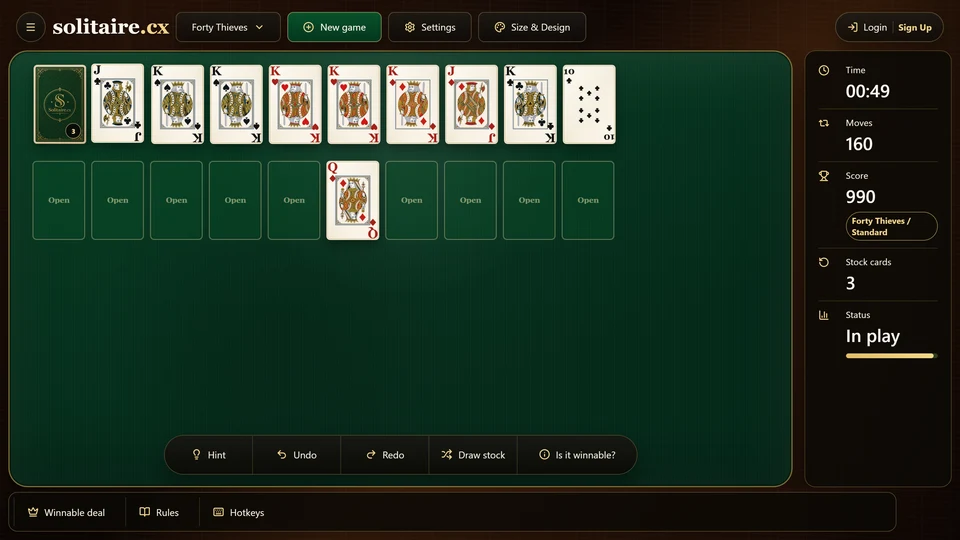 A Forty Thieves Solitaire deal close to completion with 8 high foundations, nearly empty columns and only a few stock cards left.